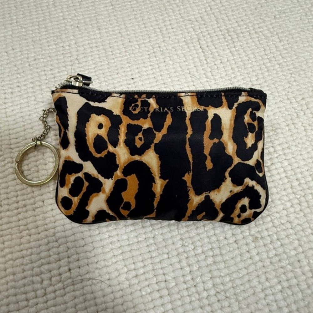Victorias Secret Leopard Print Coin Purse Keychain Zipper Pouch Polka Dot Lining